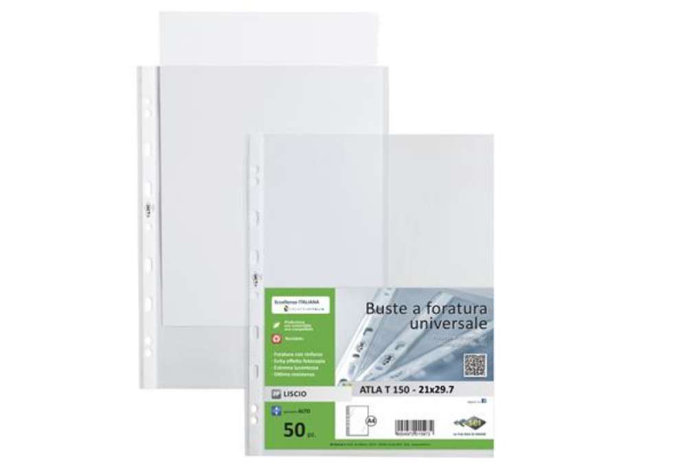Immagine di Buste forate Atla T - pesante - liscio - 21 x 29,7 cm - trasparente - Sei Rota - conf. 50 pezzi