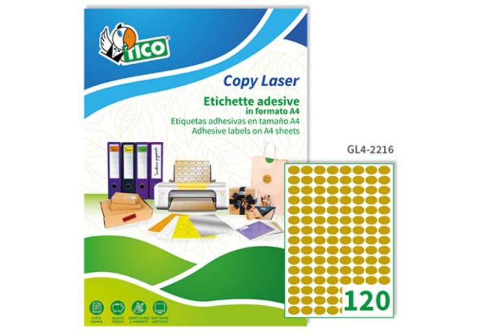Immagine di Etichette adesive ovali GL4 - in carta - permanenti - 22 x 16 mm - 120 et/fg - 100 fogli - oro satin