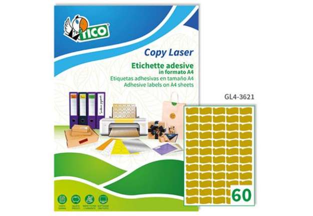 Immagine di Etichette adesive sagomate GL4 - in carta - permanenti - 36 x 21 mm - 60 et/fg - 100 fogli - oro sat