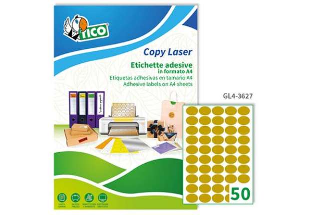 Immagine di Etichette adesive ovali GL4 - in carta - permanenti - 36 x 27 mm - 50 et/fg - 100 fogli - oro satina