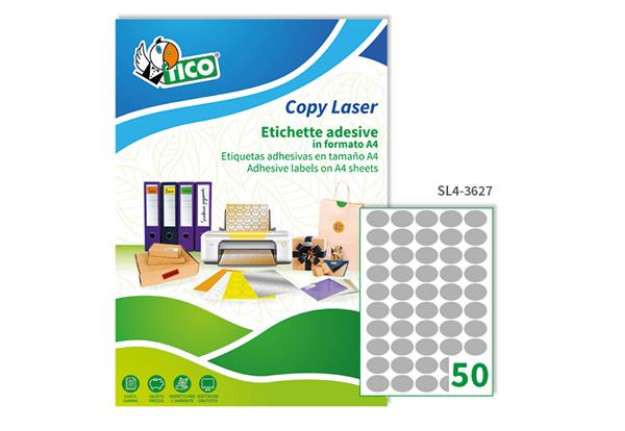 Immagine di Etichette adesive ovali SL4 - in carta - permanenti - 36 x 27 mm - 50 et/fg - 100 fogli - argento sa