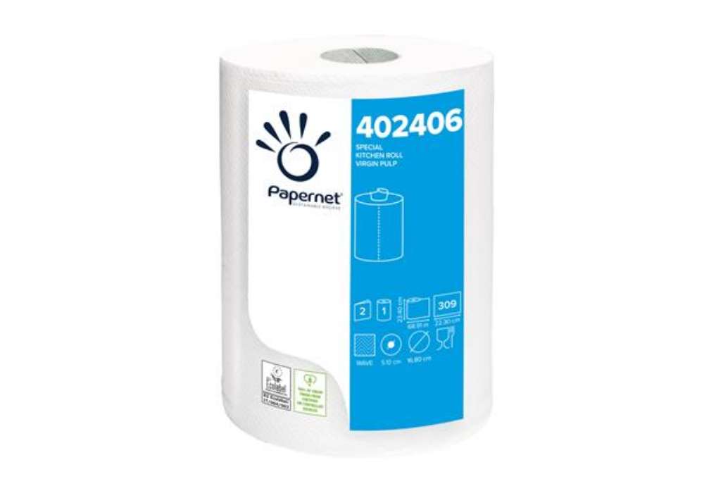 Immagine di Rotolo asciugatutto - 2 veli - goffratura a onda - 23,4 cm x 68,9 mt - 309 strappi - bianco - Papern