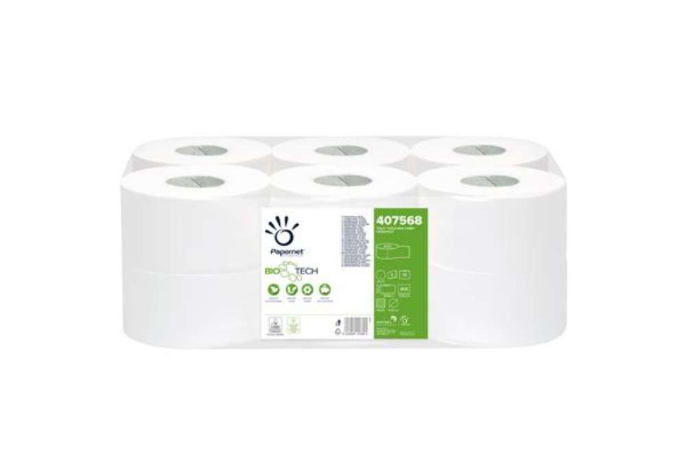 Immagine di Carta igienica Mini Jumbo Bio Tech - microgoffrata - 2 veli - 16,5 gr -  diametro 19,5 cm - 9,5 cm x