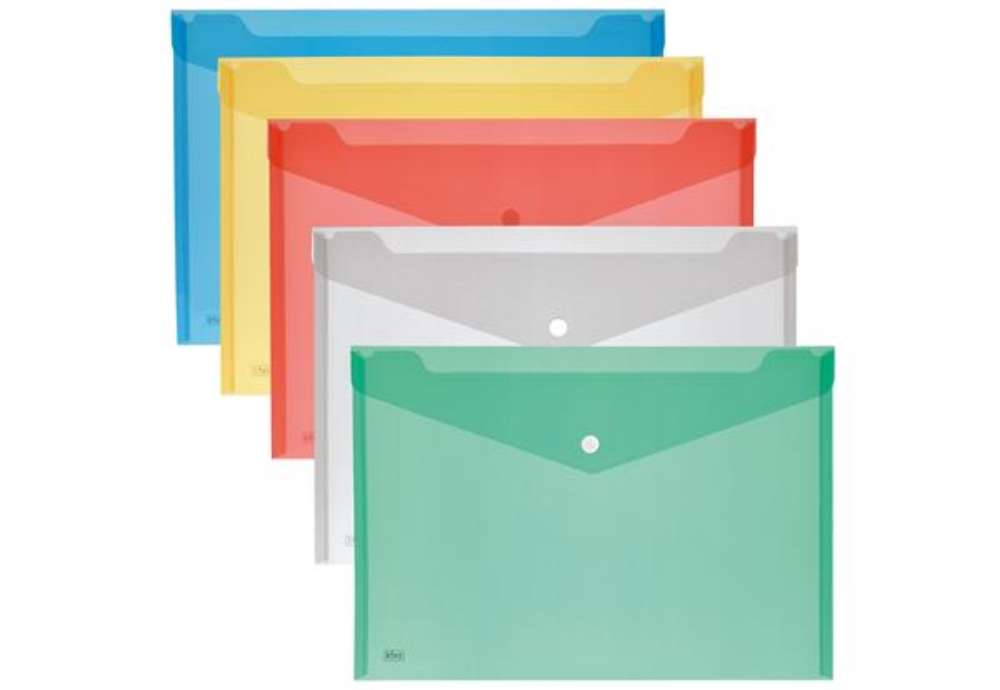 Immagine di Busta con bottone - 33,5 x 23,5 cm - PP - colori assortiti - Lebez - conf. 5 pezzi