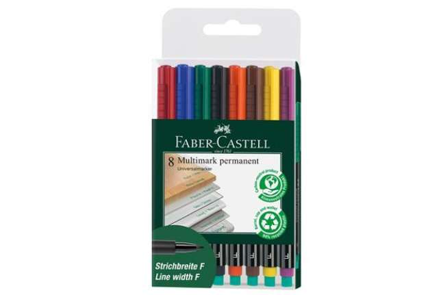 Immagine di Pennarello Multimark universale permanente con gomma - punta fine 0,6mm - astuccio 8 colori - Faber-
