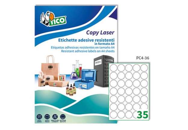 Immagine di Etichette adesive tonde PC4 - in poliestere - laser - permanenti - diametro 36 mm - 35 et/fg - 100 f