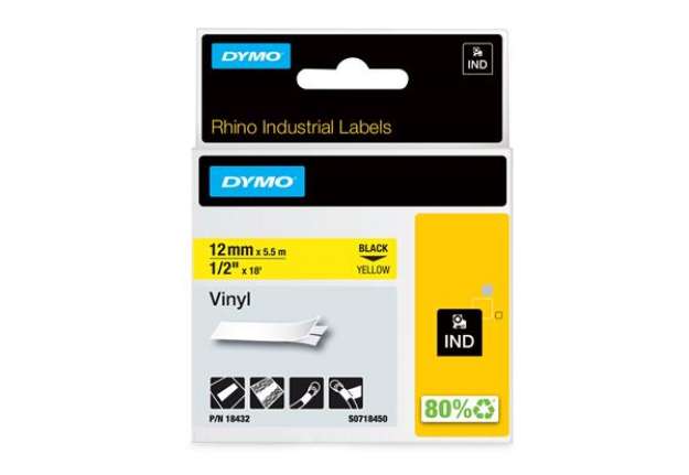 Immagine di Nastro Rhino 18432 - 12 mm x 5,5 mt - vinile - nero/giallo - Dymo