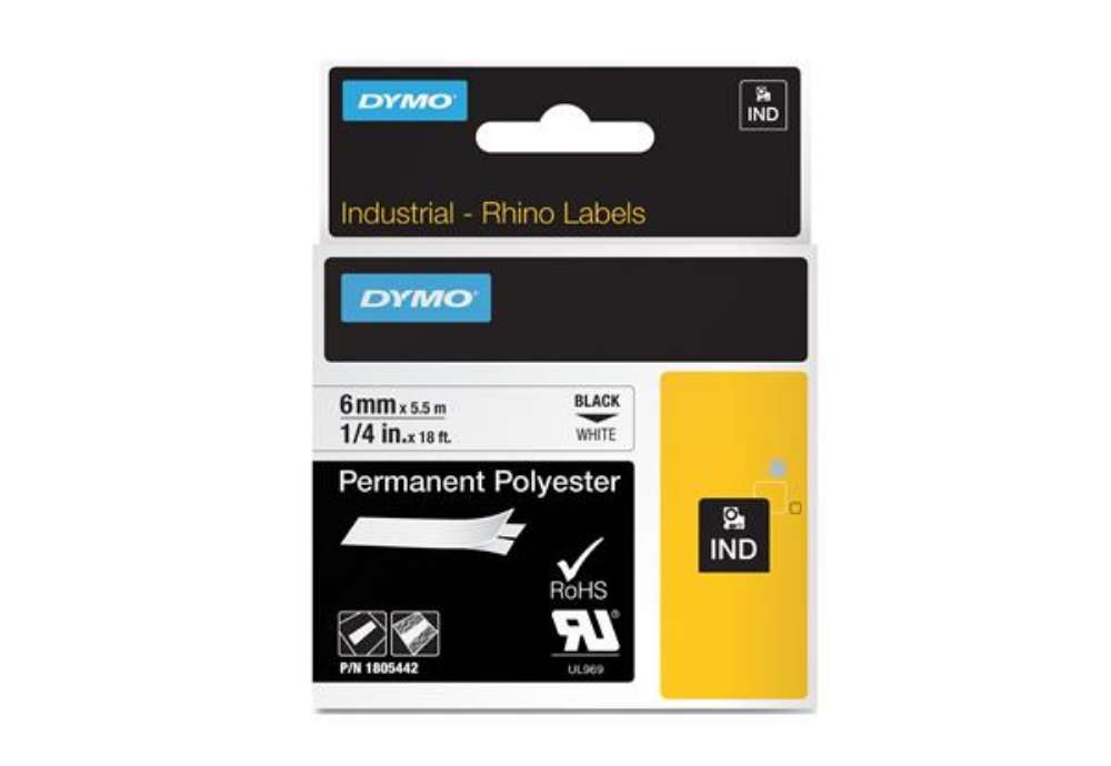 Immagine di Nastro Rhino 18482 - 9 mm x 5,5 mt - poliestere - permanente - nero/bianco - Dymo
