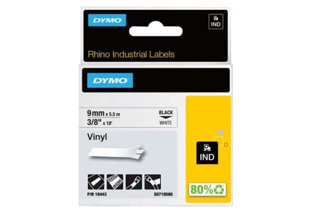 Immagine di Nastro Rhino 18443 - 9 mm x 5,5 mt - vinile - nero/bianco - Dymo