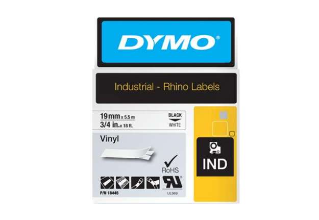 Immagine di Nastro Rhino 18445 - 19 mm x 5,5 mt - vinile - permanente - nero/bianco - Dymo