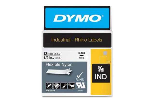 Immagine di Nastro Rhino 18488 - 12 mm x 3,5 mt - nylon flessibile - nero/bianco - Dymo