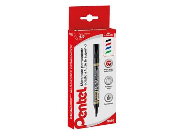 Immagine di Marcatore permanente N860 - punta scalpello - astuccio 4 colori assortiti - linea Amiko - Pentel