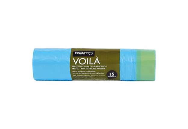 Immagine di Sacchi per rifiuti con maniglie Voilà - 50x60 cm - 30 L - 15 micron - azzurro - Perfetto - rotolo da