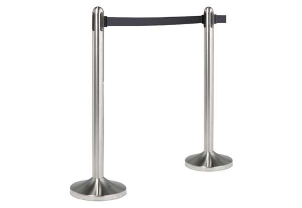 Immagine di Colonnina segnapercorso cromata - altezza 100 cm - nastro retrattile nero da 210 cm - Securit