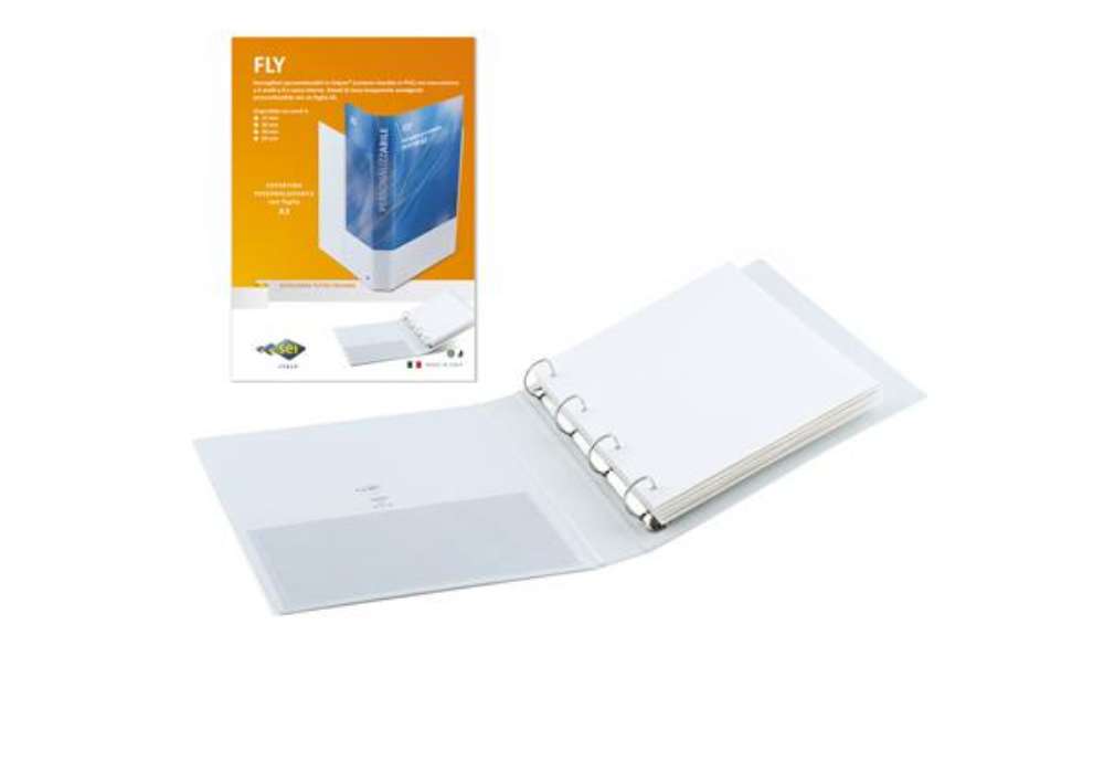 Immagine di Raccoglitore personalizzabile Fly - 22 x 30 cm - 4 anelli a Q 65 mm - dorso 9 cm - bianco - Sei Rota