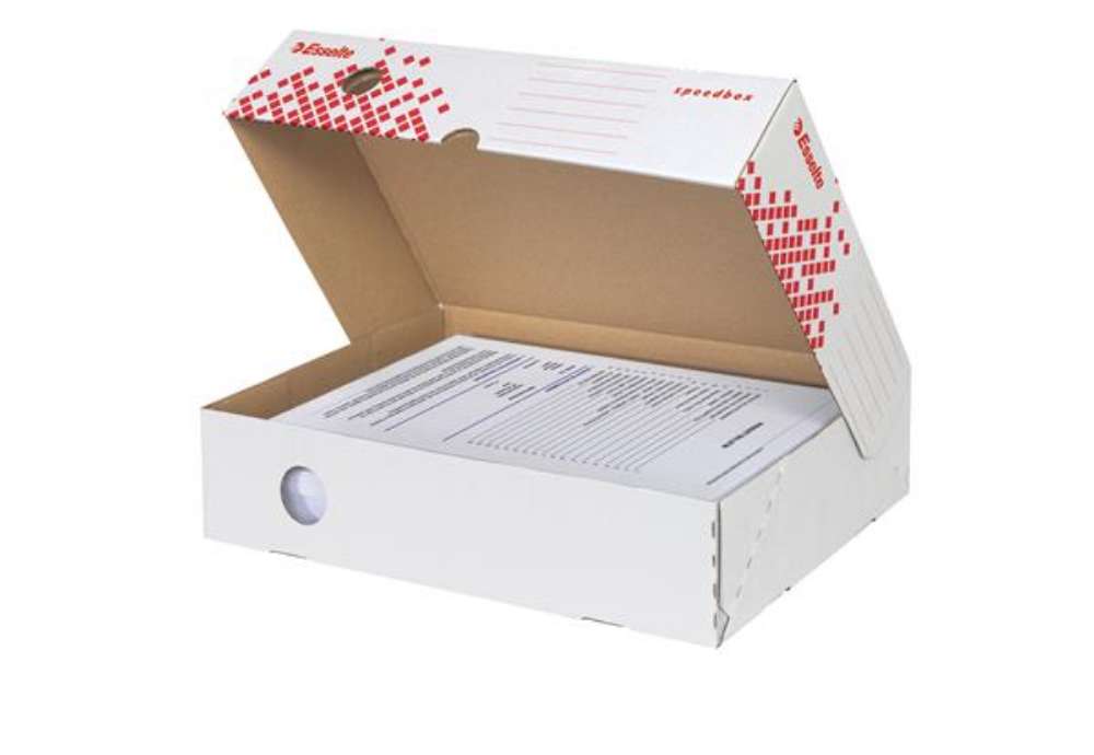 Immagine di Scatola archivio Speedbox - dorso 8 cm - 35 x 25 cm - apertura totale - bianco e rosso - Esselte