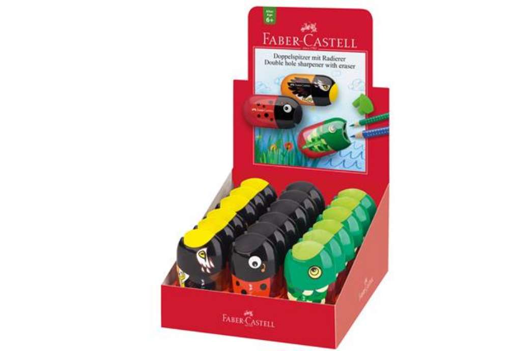 Immagine di Temperamatite Animals con contenitore - 2 fori - con serbatoio e gomma assortiti - Faber-Castell