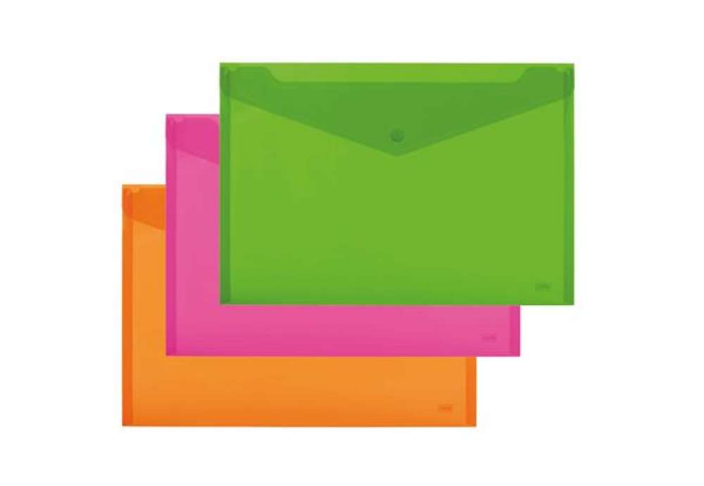 Immagine di Busta con bottone - 24 x 18,5 cm - PP - colori assortiti fluo - Lebez - conf. 5 pezzi