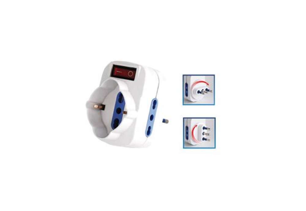 Immagine di Adattatore rotante con interruttore - 2 prese bipasso 2P+T 10/16A + 1 presa Schuko - MKC