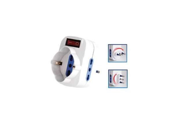 Immagine di Adattatore rotante con interruttore - 2 prese bipasso 2P+T 10/16A + 1 presa Schuko - MKC