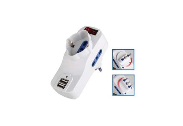 Immagine di Adattatore rotante con interruttore - 2 prese bipasso 2P+T 10/16A + 1 presa Schuko + 2 prese USB - M