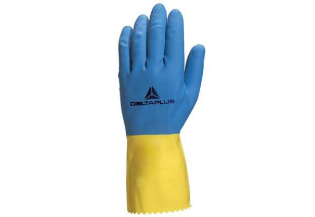Immagine di Guanti da lavoro industriale Duocolor 330 - lattice floccato cotone - taglia 7/8 - blu/giallo - Delt