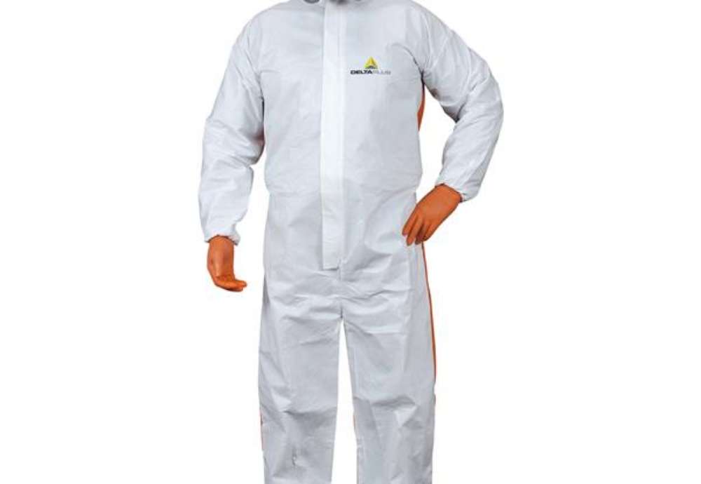 Immagine di Tuta di protezione da rischio chimico DT125 - monouso - taglia L - PP/PE - bianco/arancio - Deltaplu