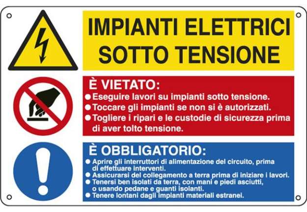 Immagine di Cartello segnalatore multisimbolo - 50x33,3 cm - IMPIANTI ELETTRICI SOTTO TENSIONE/E' VIETATO…/E' OB