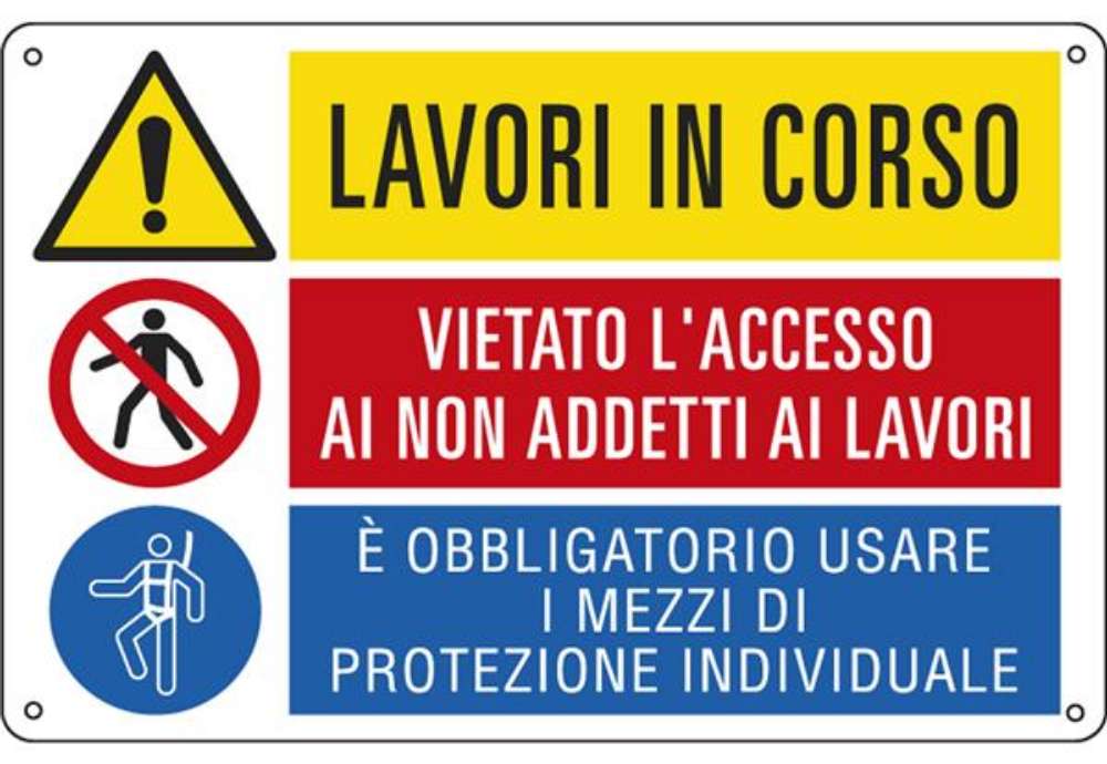 Immagine di Cartello segnalatore multisimbolo - 50x33,3 cm - LAVORI IN CORSO/VIETATO L'ACCESSO…/E' OBBLIGATORIO…