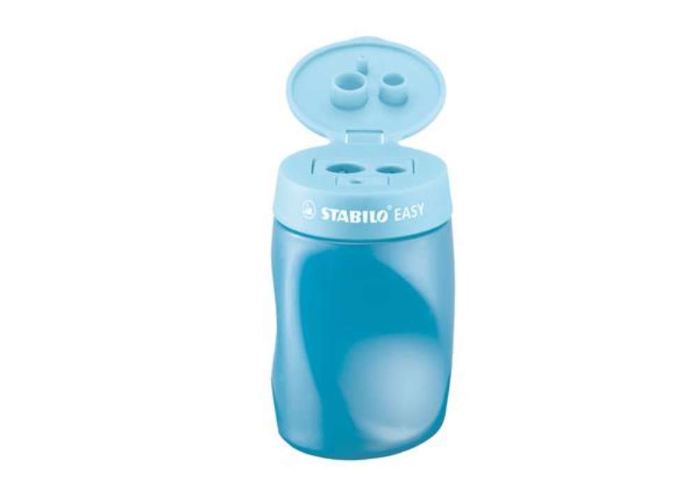 Immagine di Temperamatite Easy con contenitore  - 3 fori - ergonomico - blu - per mancini - Stabilo
