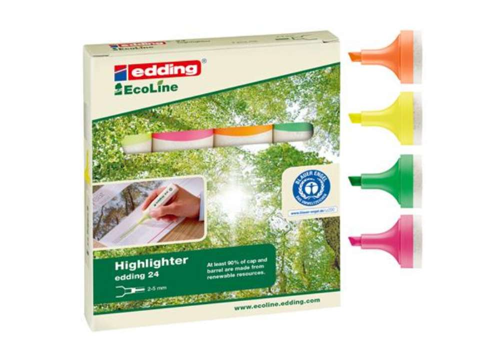 Immagine di Evidenziatore 24 EcoLine - punta scalpello - da 2 a 5 mm - colori assortiti - Edding - astuccio 4 pe