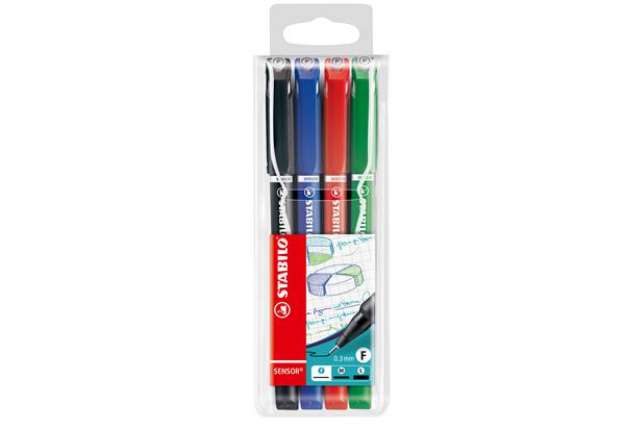Immagine di Fineliner Stabilo Sensor - tratto 0,3mm - 4 colori assortiti - Stabilo - conf. 4 pezzi
