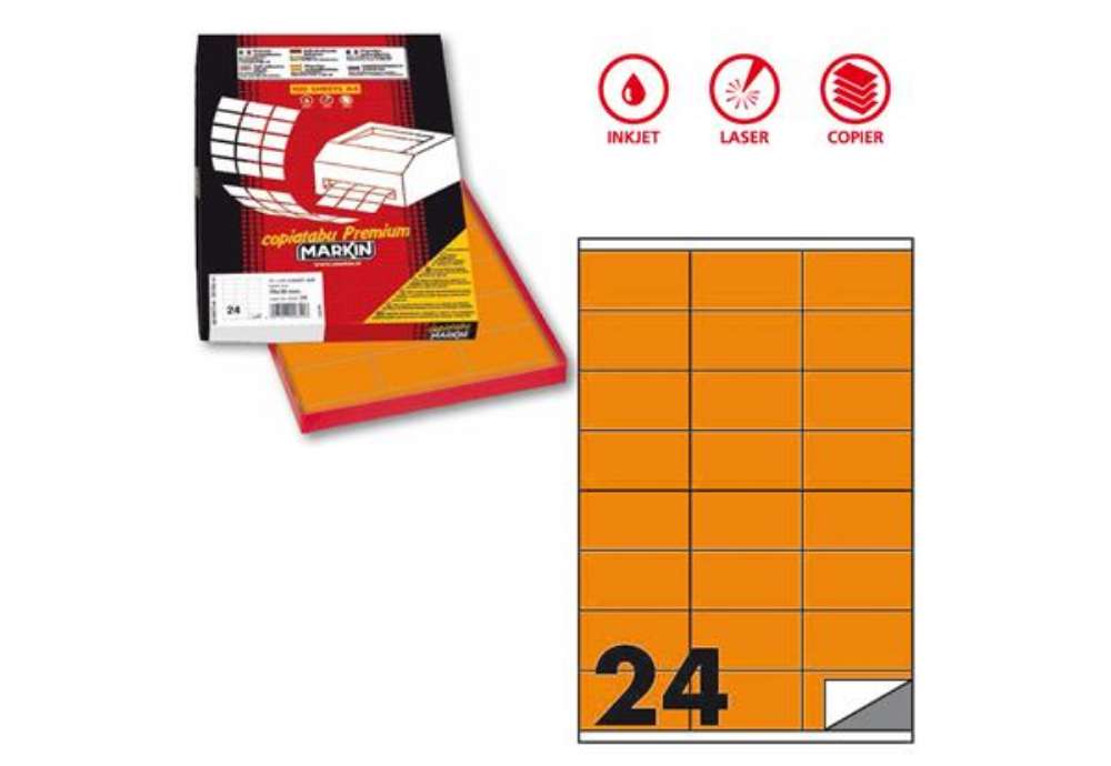 Immagine di Etichette adesive C/500 - in carta - permanenti - 70 x 36 mm - 24 et/fg - 100 fogli - arancio fluo -