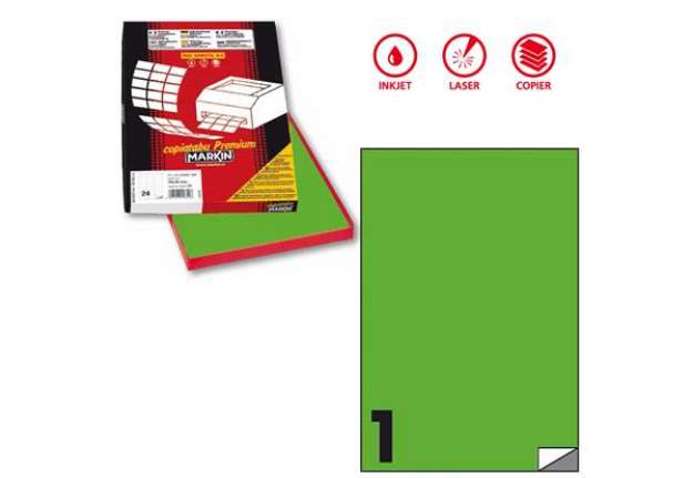 Immagine di Etichette adesive C/503 - in carta - permanenti - 210 x 297 mm - 1 et/fg - 100 fogli - verde fluo -
