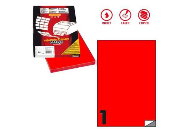Immagine di Etichette adesive C/503 - in carta - permanenti - 210 x 297 mm - 1 et/fg - 100 fogli - rosso fluo -