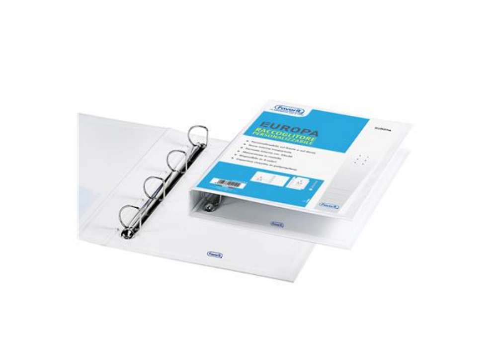 Immagine di Raccoglitore personalizzabile Europa - 4 anelli a D 50 mm - dorso 6 cm - 22x30 cm - bianco - Favorit
