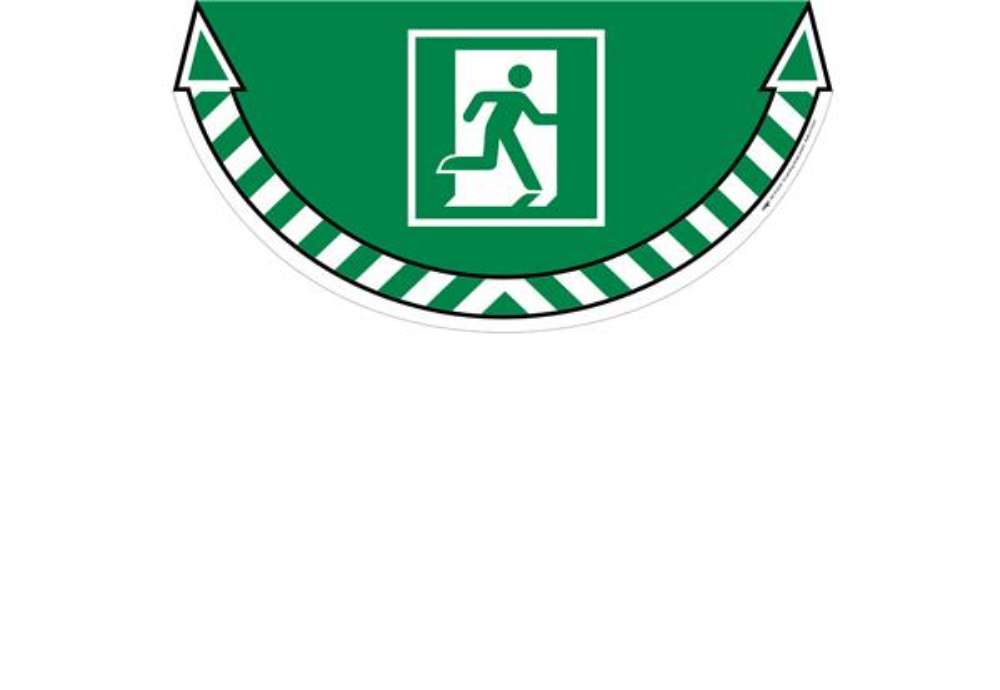 Immagine di Adesivo segnalatore Take Care - da terra - "uscita di emergenza" - 70 x 35 cm - CEP