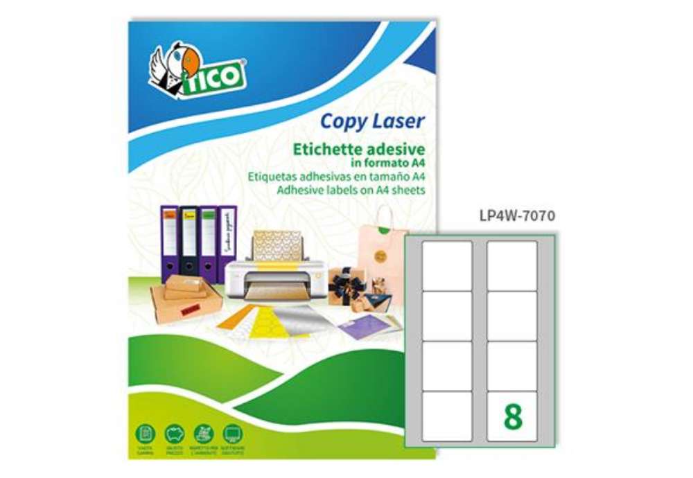 Immagine di Etichette adesive LP4W - in carta - angoli arrotondati - permanenti - 70 x 70 mm - 8 et/fg - 100 fog