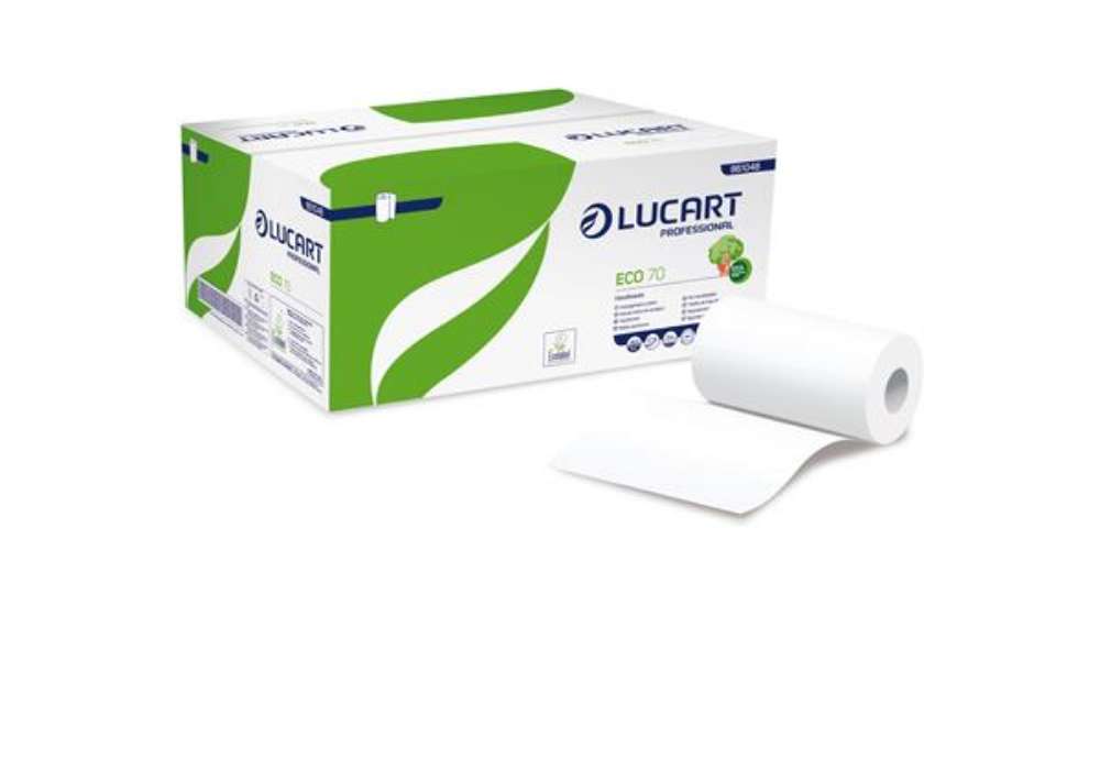 Immagine di Asciugamani in rotolo Eco 70 - Mini - 228  mm x 70 mt - diametro 13 cm - 2 veli - 18,5 gr - 190 stra