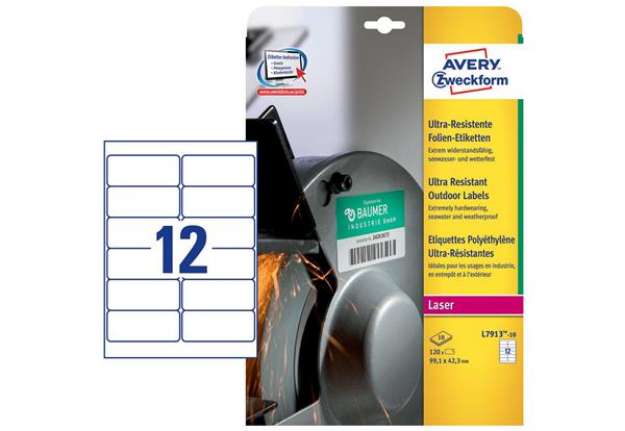 Immagine di Etichette adesive extra resistenti - in PE - laser - 99,1 x 42,3 mm - 12 et/fg - 10 fogli - bianco -