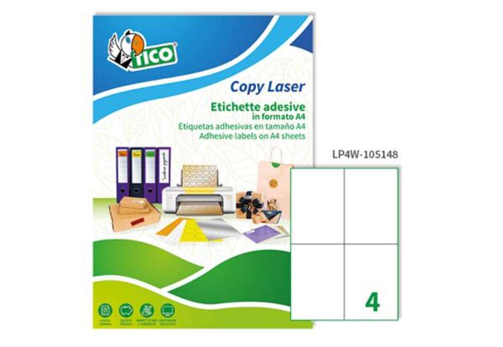 Immagine di Etichette adesive LP4W - in carta - permanenti - 105 x 148 mm - 4 et/fg - 100 fogli - bianco - Tico