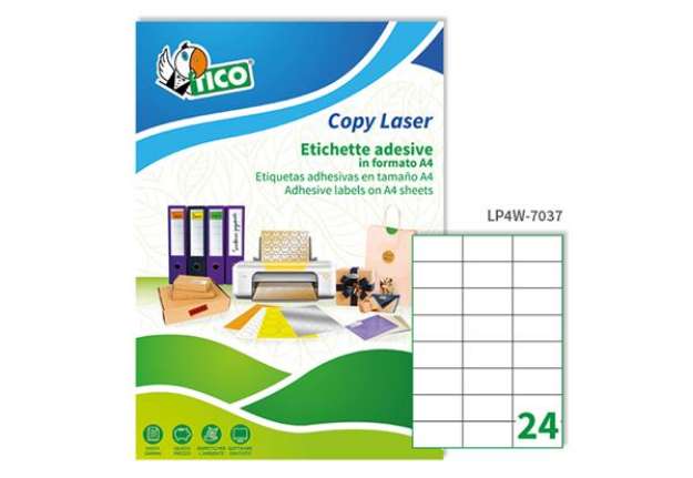 Immagine di Etichette adesive LP4W - in carta - permanenti - 70 x 37 mm - 24 et/fg - 100 fogli - bianco - Tico