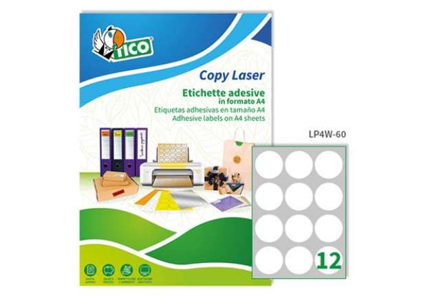 Immagine di Etichette adesive tonde LP4W - in carta - con margini - permanenti - diametro 60 mm - 12 et/fg - 100