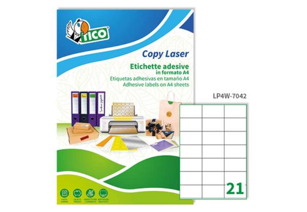 Immagine di Etichette adesive LP4W - in carta - permanenti - 70 x 42,3 mm - 21 et/fg - 100 fogli - bianco - Tico