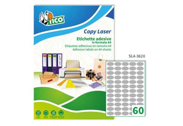 Immagine di Etichette adesive ovali SL4 - in carta - permanenti - 36 x 20 mm - 60 et/fg - 100 fogli - argento sa