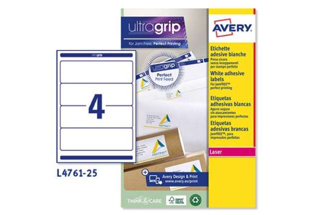 Immagine di Etichette adesive L4761 - in carta - angoli arrotondati - permanenti - 192 x 61 mm - 4 et/fg - 25 fo