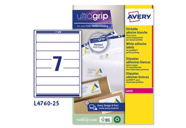 Immagine di Etichette adesive L4760 - in carta - angoli arrotondati - permanenti - 192 x 38 mm - 7 et/fg - 25 fo