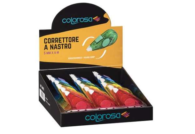 Immagine di Correttore a nastro Colorosa - 5 mm x 6 mt - ergonomico - colori assortiti - Ri.Plast - expo 18 pezz