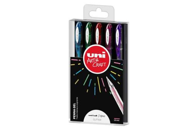 Immagine di Penna sfera gel Uni Ball Signo - punta 1,0 mm - colori assortiti glitter - Uni Mitsubishi - astuccio