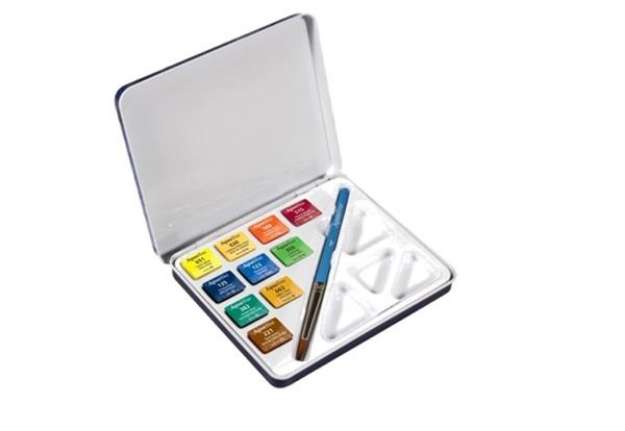 Immagine di Acquerelli Aquafine - colori assortiti - Daler Rowney - scatola metallo 10 acquerelli + pennello + t